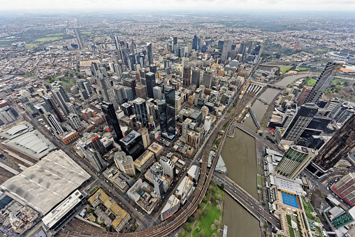 Aerial view over Melbourne CBD, Australia, under overcast skies
