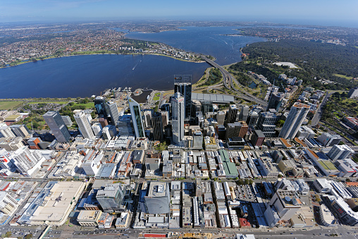 Aerial view over Perth CBD, Western Australia, looking south