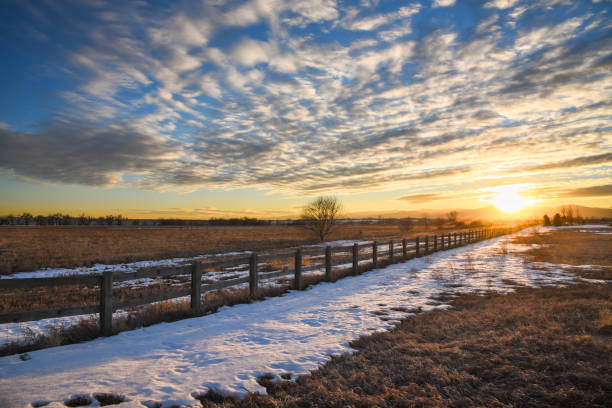 istock Snow-lined Fence at Sunset 647483142