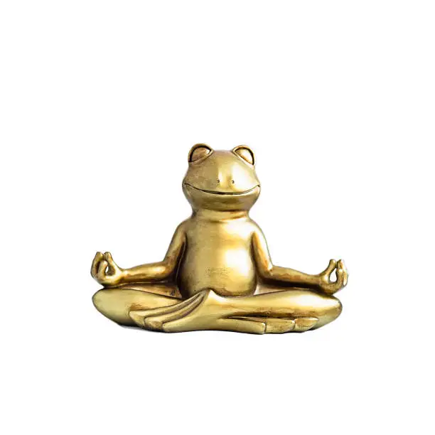 Smiling gold yoga frog meditating in lotus pose. Body, mind and soul balance concept. Isolated on white