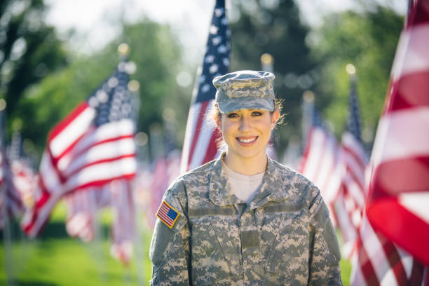 Portrait of American female soldier stock photo