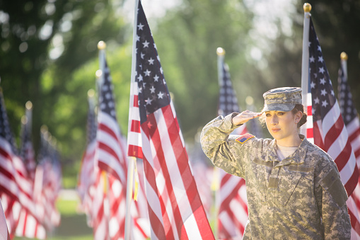 American soldier in uniform saluting while standing in a field of American flags