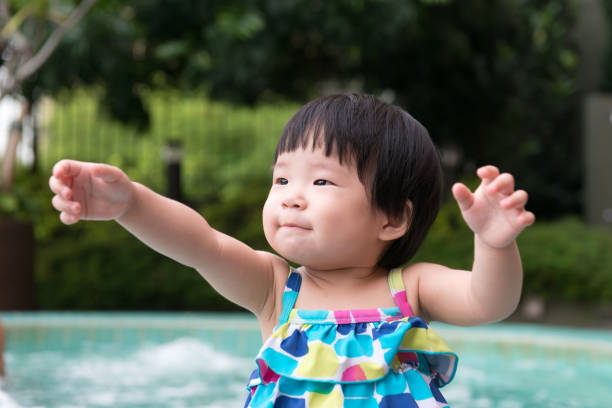 istock Little Asian toddler at the pool 647523294