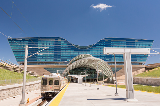 Denver, Colorado, USA-June 1, 2016. Denver Airport commuter rail station in the Summer.