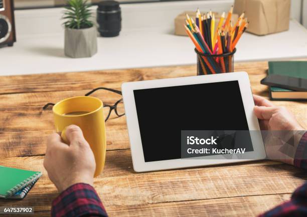 Man Holding Tablet With Copy Space Stock Photo - Download Image Now - Blank, Digital Tablet, Empty