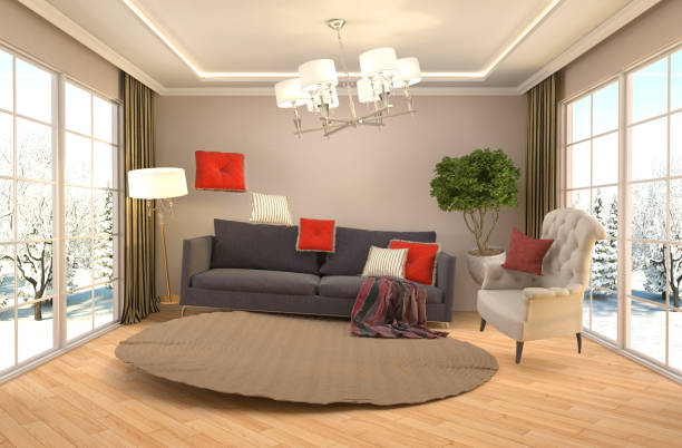 istock Zero Gravity furniture hovering in living room. 3D Illustration 647540778