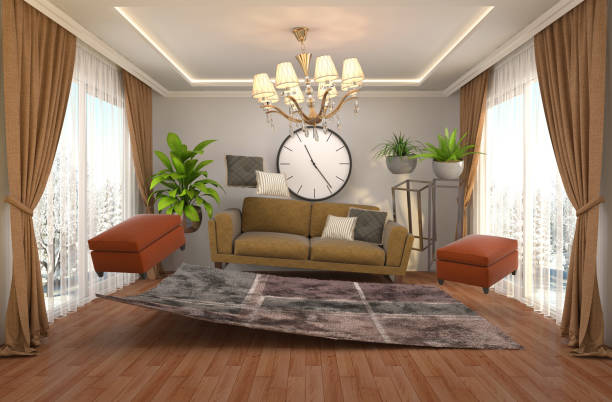 istock Zero Gravity furniture hovering in living room. 3D Illustration 647548470