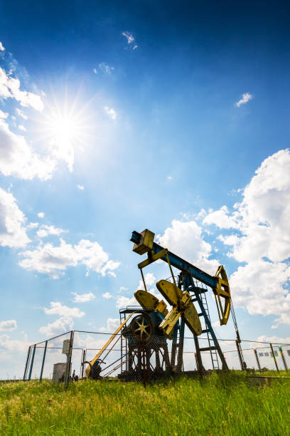 istock Oil field with pump jack, profiled on blue sky with white clouds, on a sunny day 647551600