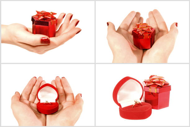 Two pair of woman hands holding various things and touching fingers in various gestures, on black background studio shoot