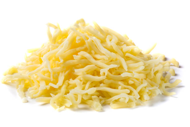 Close up of heap of grated mix Italian cheese on white background stock photo