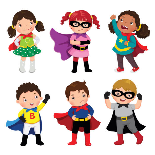 illustrations, cliparts, dessins animés et icônes de garçons et filles dans des costumes de super-héros sur fond blanc - superhero child creativity little boys