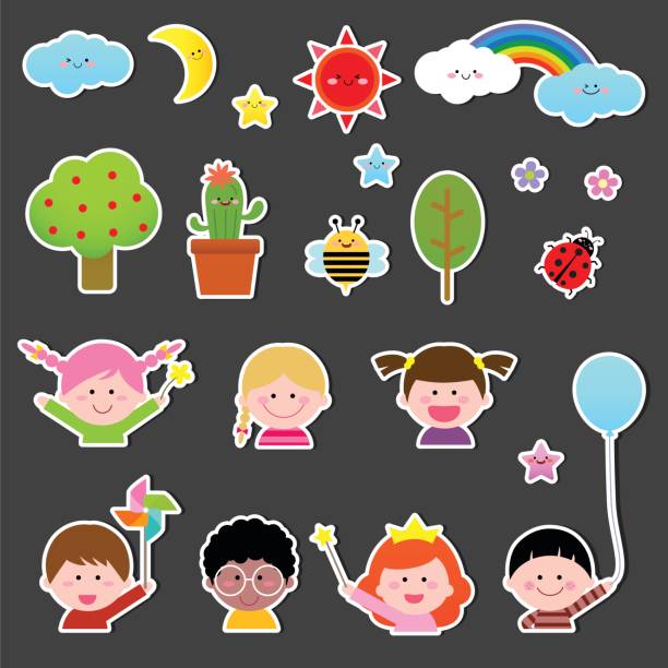 ilustrações de stock, clip art, desenhos animados e ícones de set of kids and cute nature element - rainbow preschooler baby child