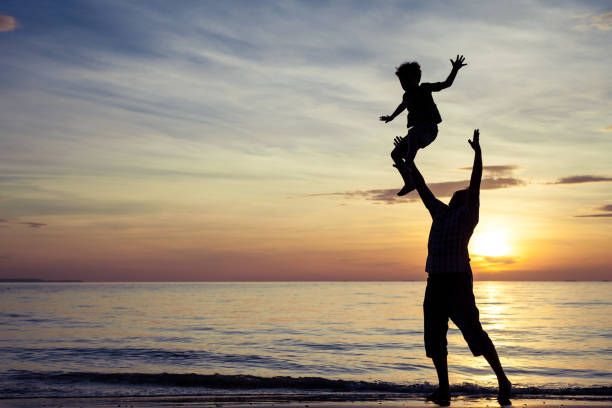 istock Father and son playing on the beach at the sunset time. 647586008
