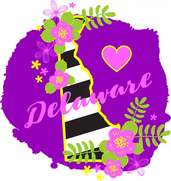 Vector illustration of Delaware State Map Creative Vector Typography Lettering Composition with flowers. Design Concept