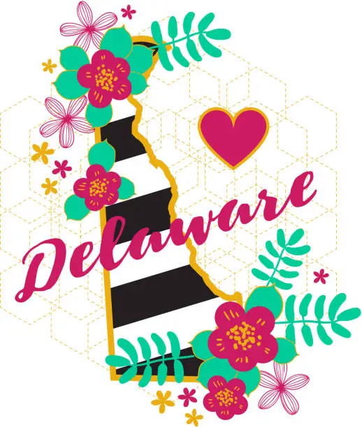 Vector illustration of Delaware State Map Creative Vector Typography Lettering Composition with flowers. Design Concept