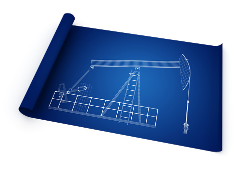 Blueprint of Oil pumpjack. Digitally Generated Image isolated on white background