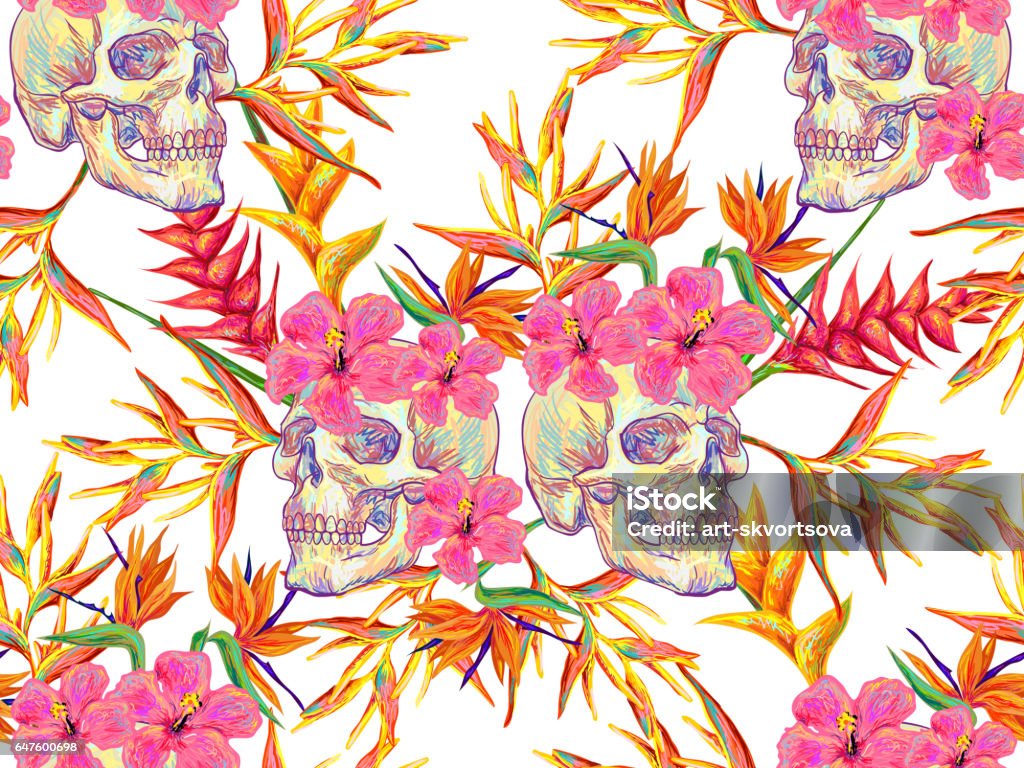Ilustración de Fondo Del Vector Patrón Tropical Verano Inconsútil Con Calaveras Y Flores Exóticas Flores Tropicales Ideal Para Fondos De Pantalla Rellenos De Patrón Fondos De Página Web Texturas Superficiales Textil y Ilustración de Fondo Del Vector Patrón Tropical Verano Inconsútil Con Calaveras Y Flores Exóticas Flores Tropicales Ideal Para Fondos De Pantalla Rellenos De Patrón Fondos De Página Web Texturas Superficiales Textil y