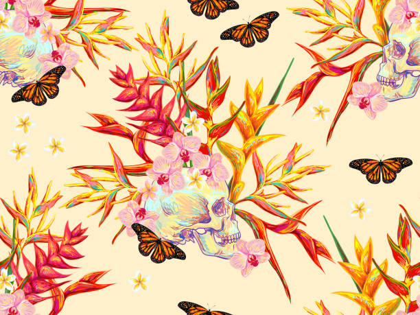 Seamless summer tropical pattern with skulls, butterflies and exotic flowers beautiful background. Perfect for wallpapers, pattern fills, web page backgrounds, surface textures, textile Seamless summer tropical pattern with skulls, butterflies and exotic flowers beautiful background. Perfect for wallpapers, pattern fills, web page backgrounds, surface textures, textile mexico poland stock illustrations