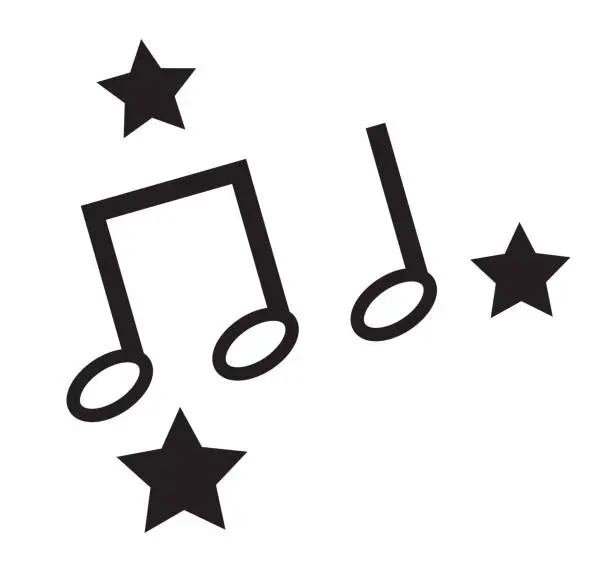 Vector illustration of Black and white music notes white stars icons vector isolated in white background.