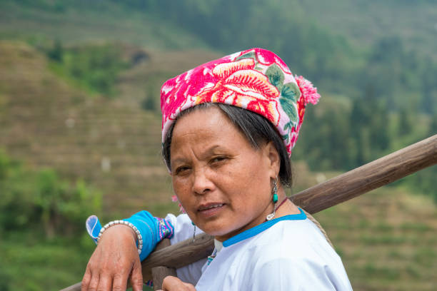 donna agricoltore ritratto di riso - developing countries farmer rice paddy asia foto e immagini stock