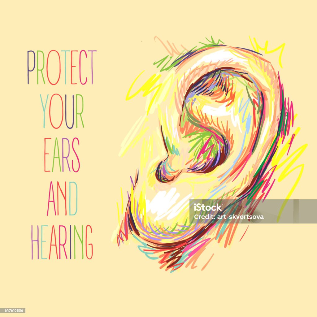International Ear Care Day. Ear sketch. Health care vector illustration. Medical poster design. Hearing loss. Protect your ears and hearing. Take care of your hearing Sketch stock vector