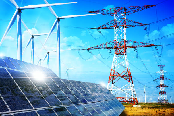 istock Renewable energy concept with grid connections solar panels and wind turbines 647619682