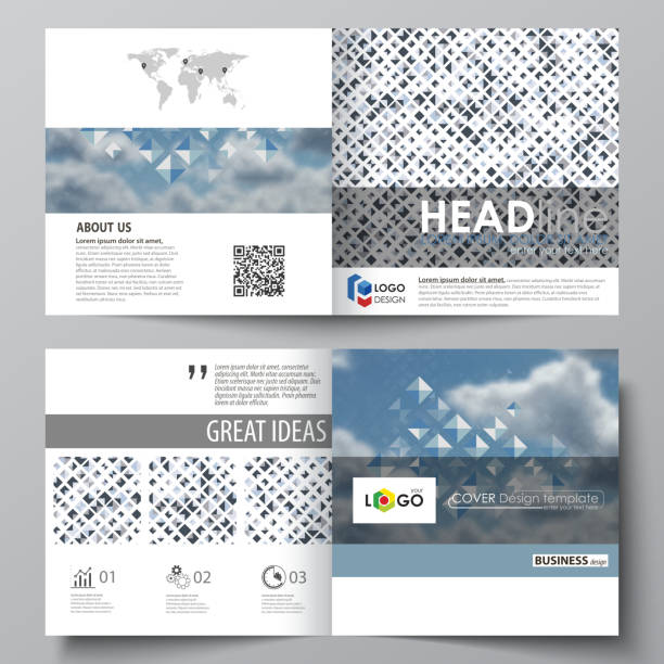 ilustrações de stock, clip art, desenhos animados e ícones de business templates for bi fold square brochure, magazine, flyer, booklet, report. leaflet cover, flat style layout. blue color pattern with rhombuses, abstract design geometrical vector background - 12026