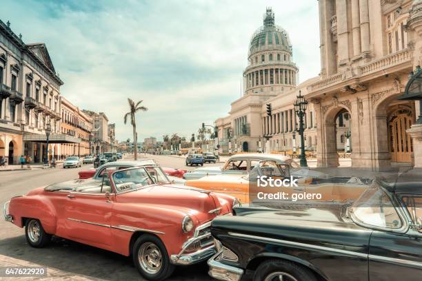 Oldtimer Taxi Cars Parking In Front Of Capitol In Havanna Stock Photo - Download Image Now