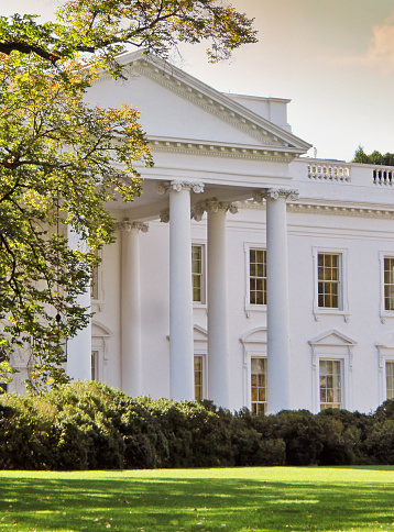 Close up view of northern facade of the White House in Washington DC, US president's residence and office.
