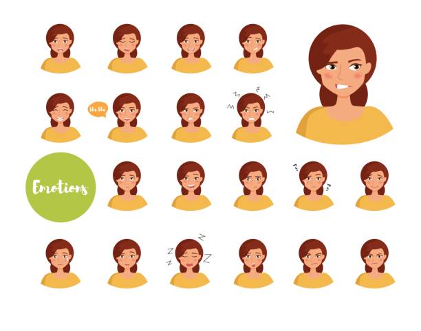 Woman with different emotions Woman with different emotions. Joy, sadness, anger, talking, funny, fear, smile. Set Isolated illustration on white background Vector Cartoon Flat Face expressions cartoon human face eye stock illustrations