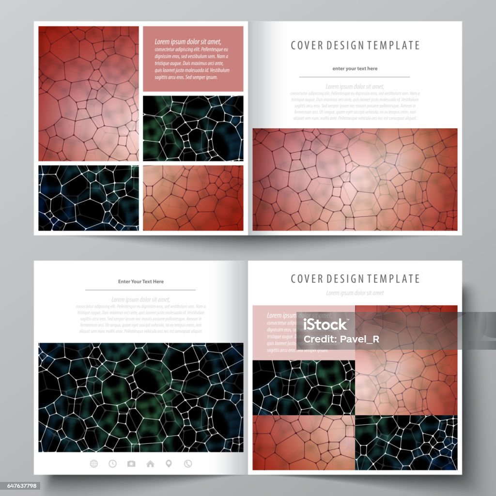 Business templates for square design bi fold brochure, flyer. Leaflet cover, vector layout. Chemistry pattern, molecular texture, polygonal molecule structure, cell. Medicine, microbiology concept Business templates for square design bi fold brochure, magazine, flyer, booklet or annual report. Leaflet cover, abstract flat layout, easy editable vector. Chemistry pattern, molecular texture, polygonal molecule structure, cell. Medicine, science, microbiology concept. Advertisement stock illustration