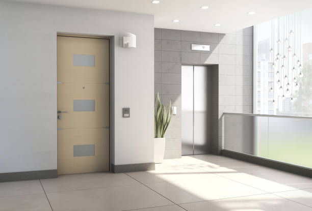 istock 3d Interior of modern entrance hall with elevator 3d render. 647638278