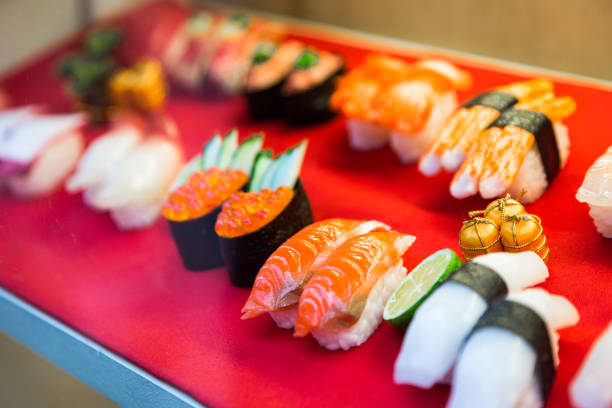 istock Close up of Sushi selection in a row 647638342