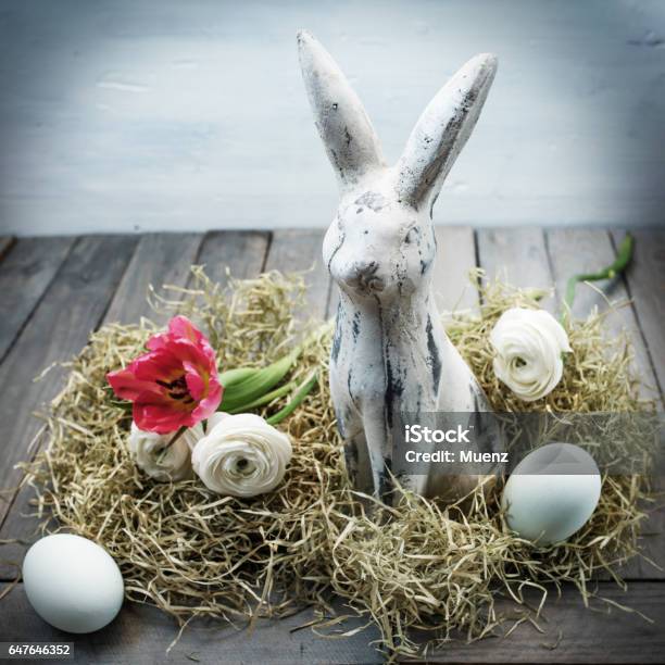 Easter Nest With A Bunny In Shabby Chic Style Stock Photo - Download Image Now - Animal Nest, Bird's Nest, Bright