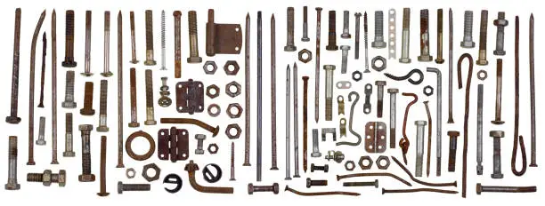 Fixing steel rusty metal elements - bolts, screws, bracket, nuts,  hooks big set. Isolated retro macro concept