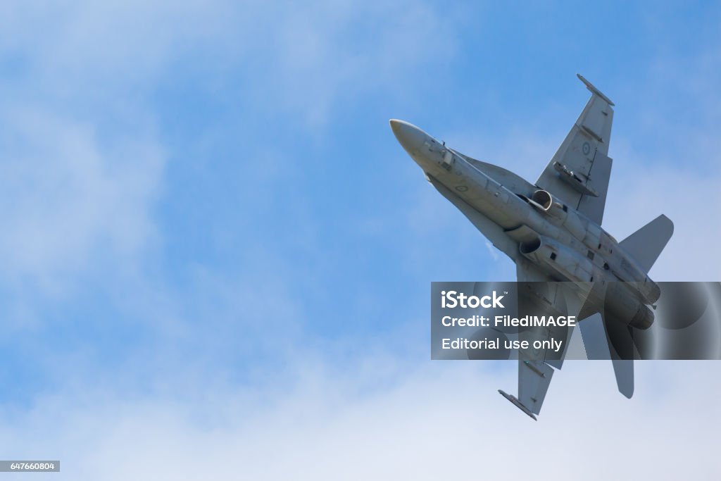 RAAF A21 McDonnell Douglas/Boeing F/A-18A Hornet MELBOURNE, AUSTRALIA - MARCH 17: An Royal Australian Air Force F/A18A Hornet performs in a public display above Melbourne on March 17, 2013 Royal Australian Air Force Stock Photo