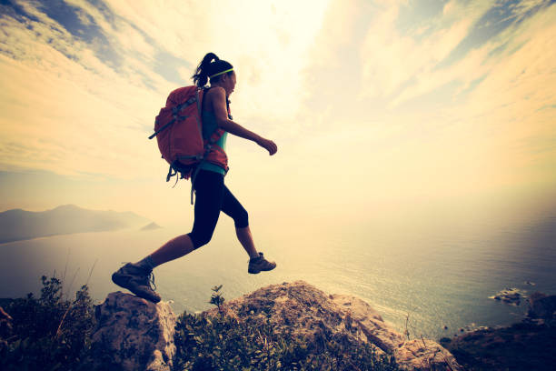 istock successful hiker jumping on seaside mountain peak rock 647661884