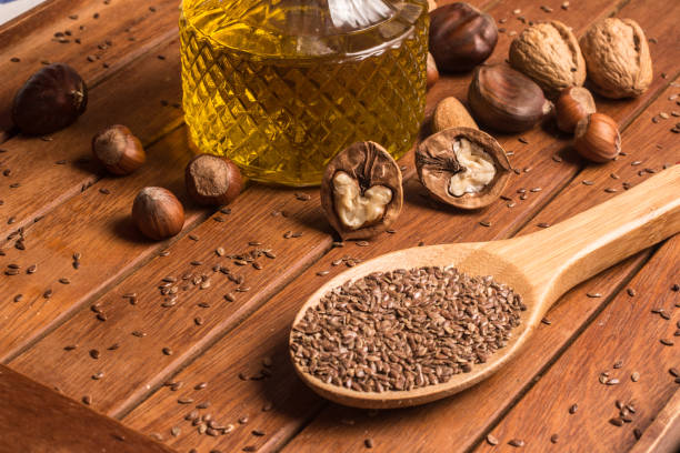 istock Healthy Fat. Nuts, Olive oil and linseeds. Omega 3 647664216