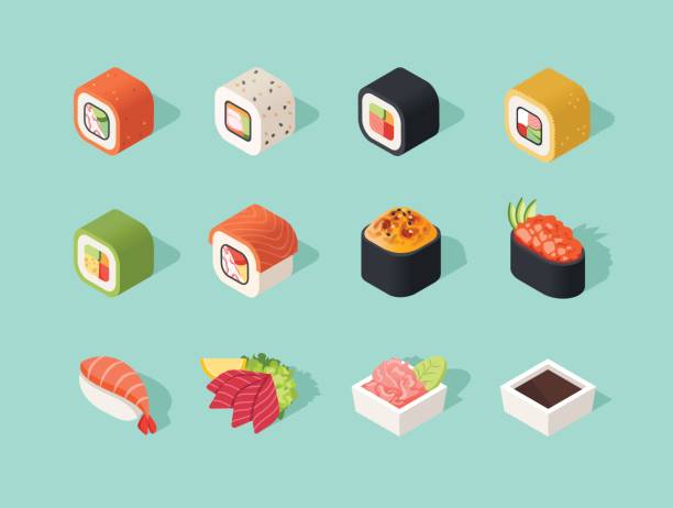 ilustrações de stock, clip art, desenhos animados e ícones de isometric sushi icons - sushi food vegetarian food japanese cuisine