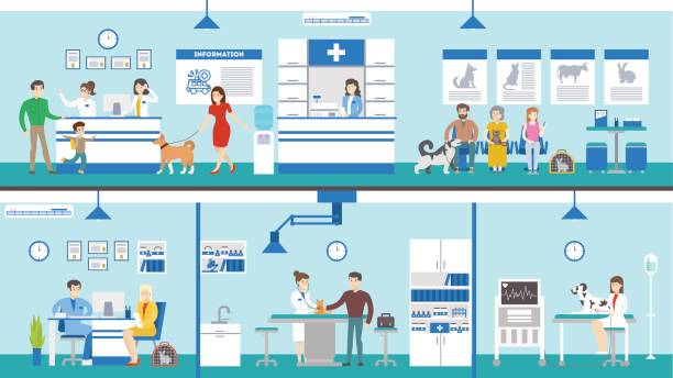 Vet clinic set interior. Vet clinic set interior. Medical care and treatment after pets and other animals. doctors office stock illustrations