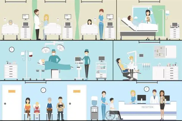 Vector illustration of Hospital indoors set.