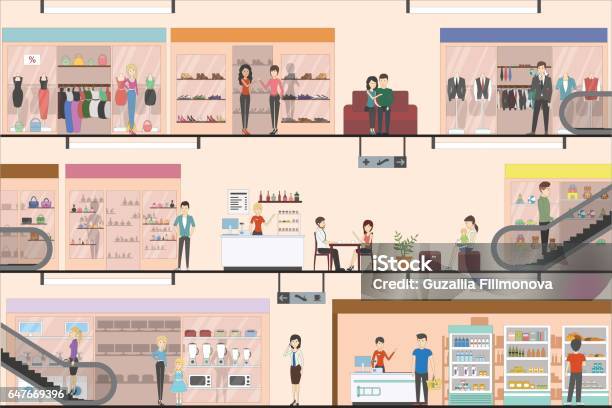 Mall Indoors Interior Set Stock Illustration - Download Image Now - Department Store, Shopping Mall, Indoors