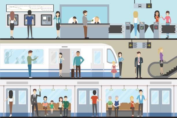 기차 인테리어 세트. - bus inside of people train stock illustrations