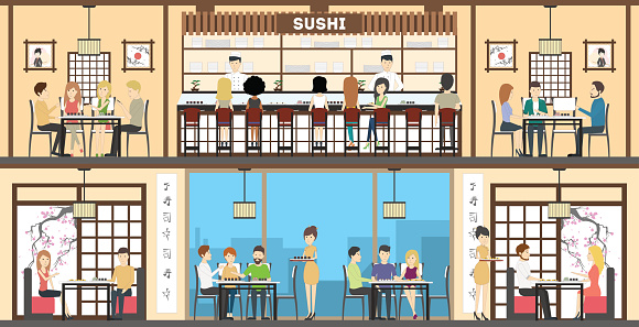Sushi bar interior set. oriental style.