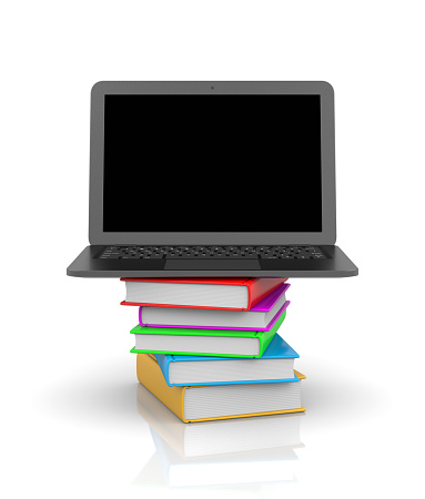 Black Laptop Computer with Blank Display at the Top of a Pile of Colored Books 3D Illustration on White Background