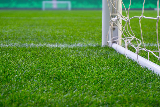 soccer field with green grass. football goal on stadium arena. - club soccer fotos imagens e fotografias de stock