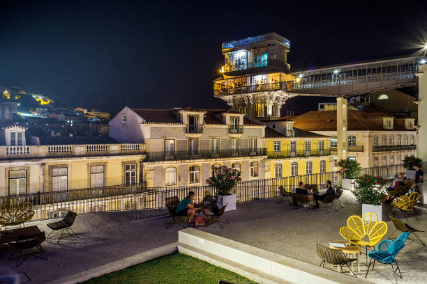 Lisbon Lisbon, Portugal - August 30, 2016: Nightlife on one of the lifts to the upper town in Lisbon. santa justa lift portugal stock pictures, royalty-free photos & images