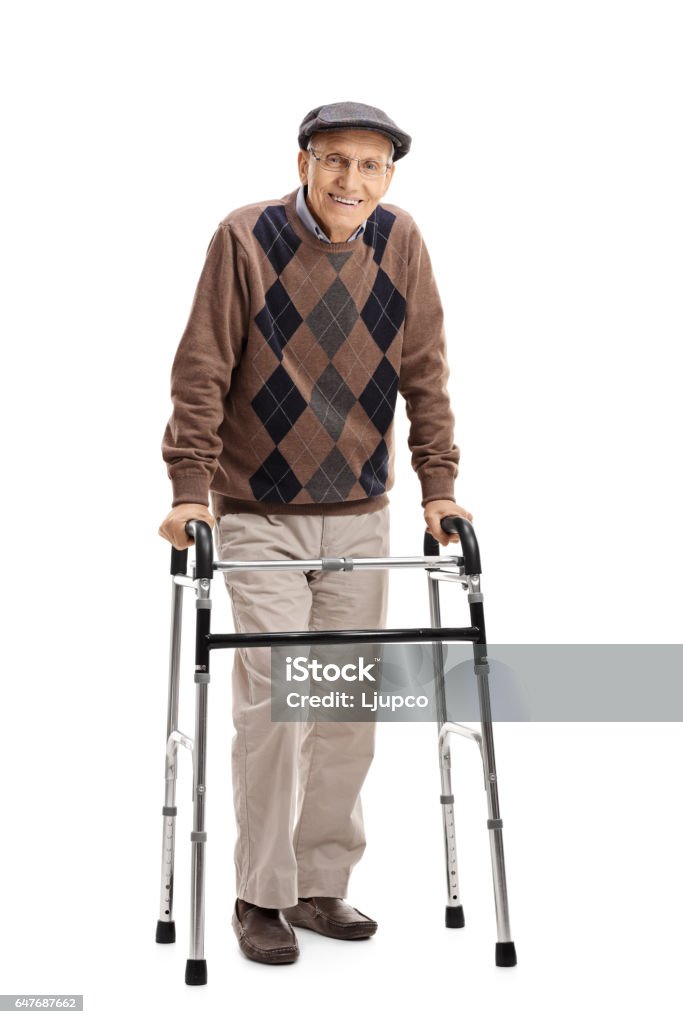 Happy senior using a walker Full length portrait of a happy senior using a walker isolated on white background Mobility Walker Stock Photo