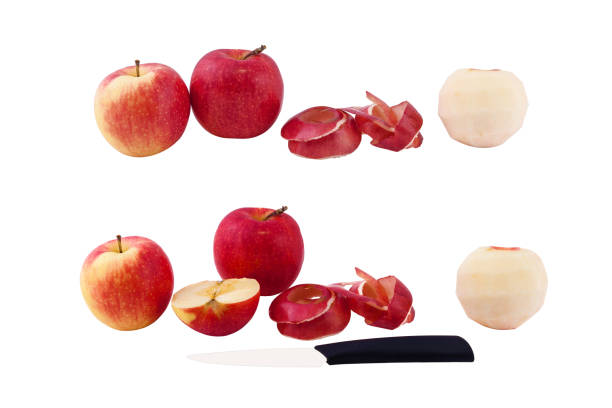 Fresh kissabel apple fruit and Cut the apple in each half with knife on wooden cutting board. Naturally pink flesh kissabel apple with a unique zesty taste, Space for text, Selective Focus.