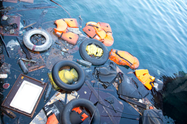 materials from refugees wash ashore at Lesvos stock photo